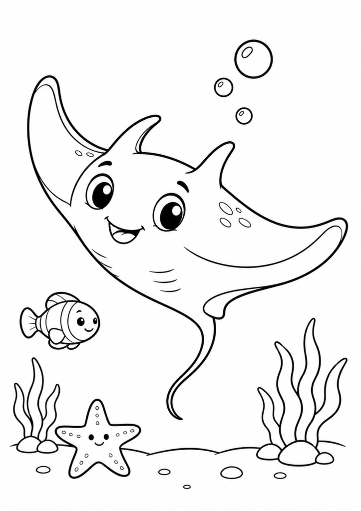 Cute manta ray swimming underwater coloring page