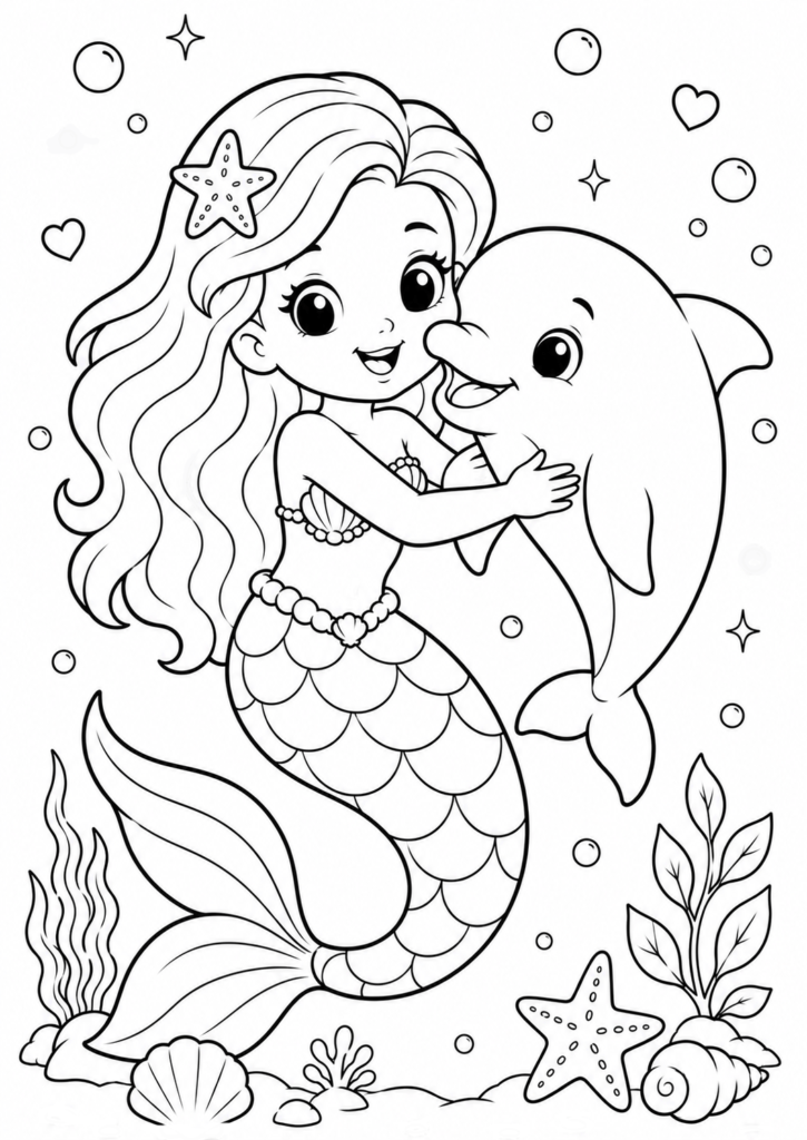 Cute mermaid hugging a dolphin coloring page