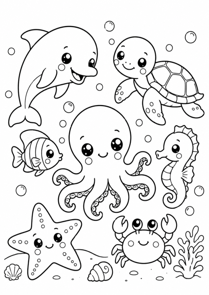 Ocean animal friends coloring page for kids