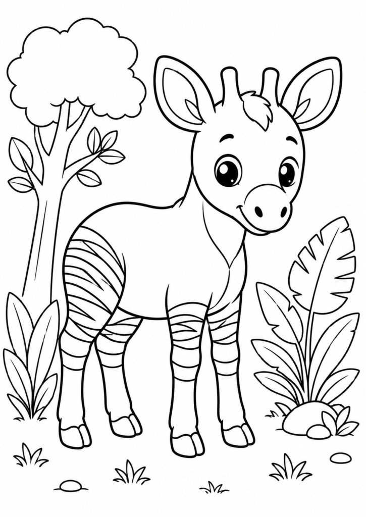 Cute okapi coloring page standing in a simple jungle scene