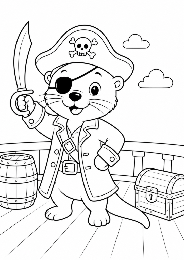 Cute otter pirate captain holding a sword on a pirate ship coloring page