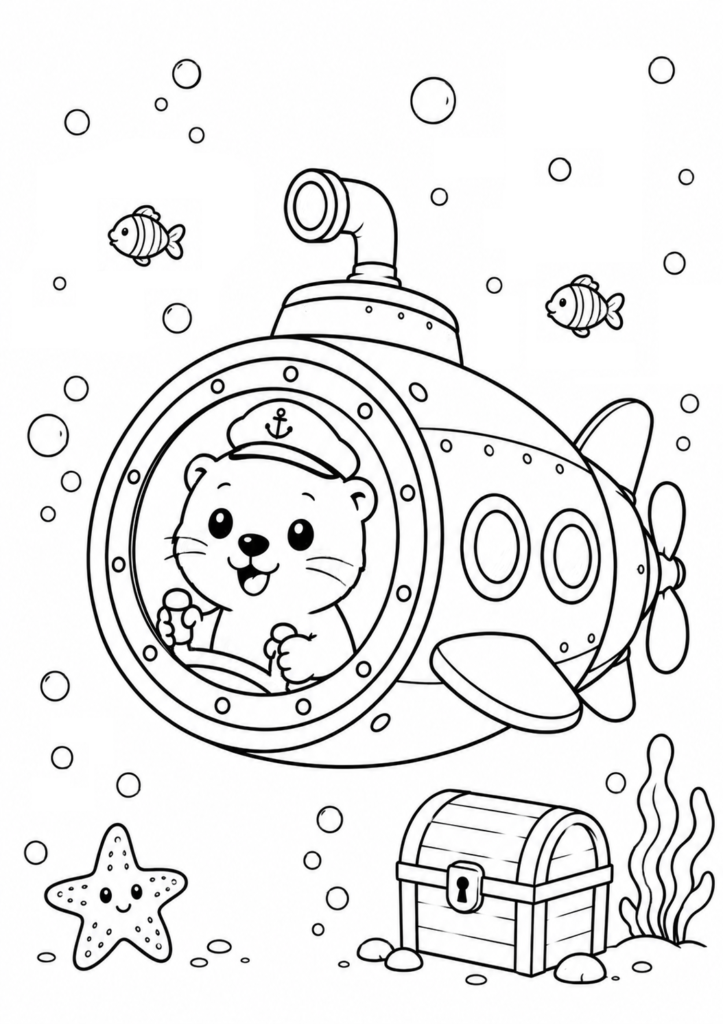 Cute otter driving a submarine underwater coloring page