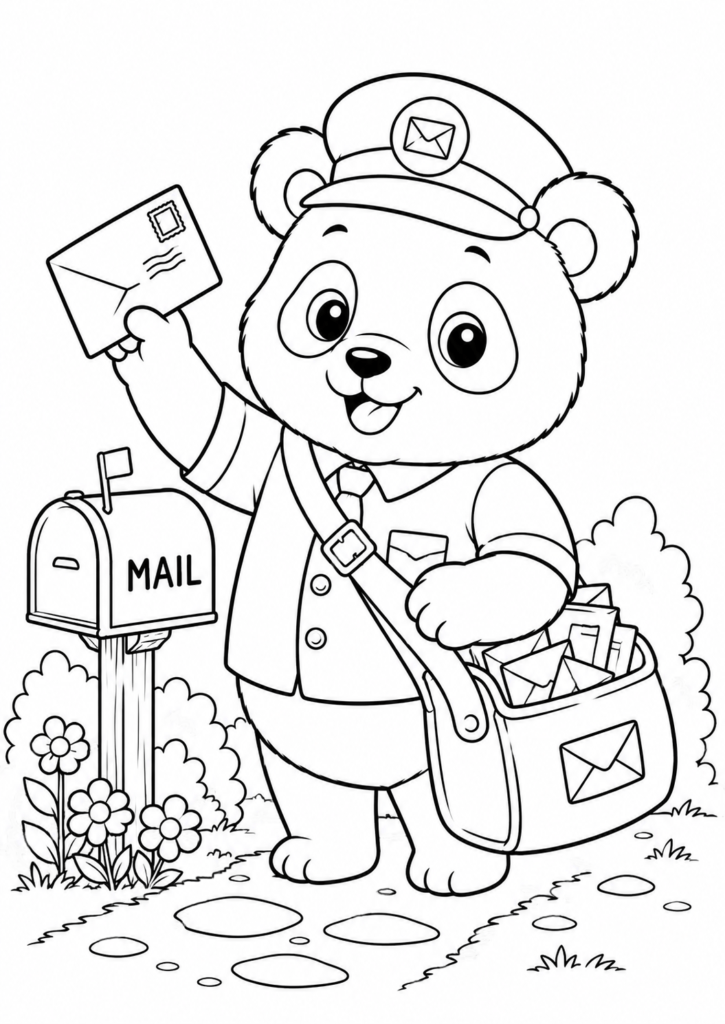 Cute panda mail carrier delivering a letter with a mailbag coloring page