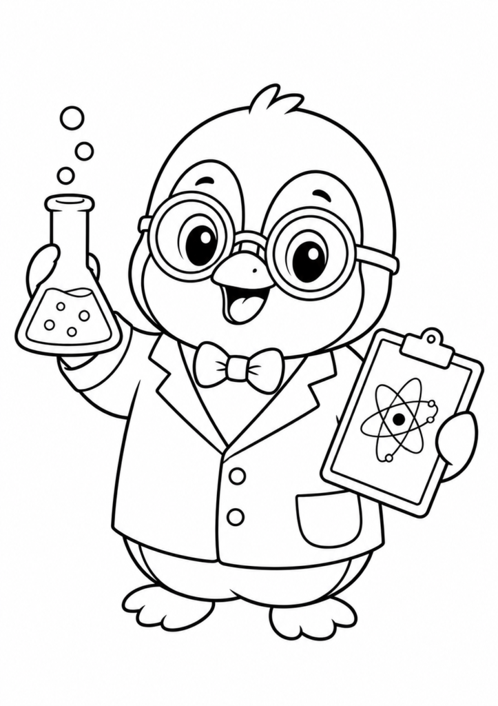 Cute penguin scientist holding a laboratory flask and science clipboard coloring page