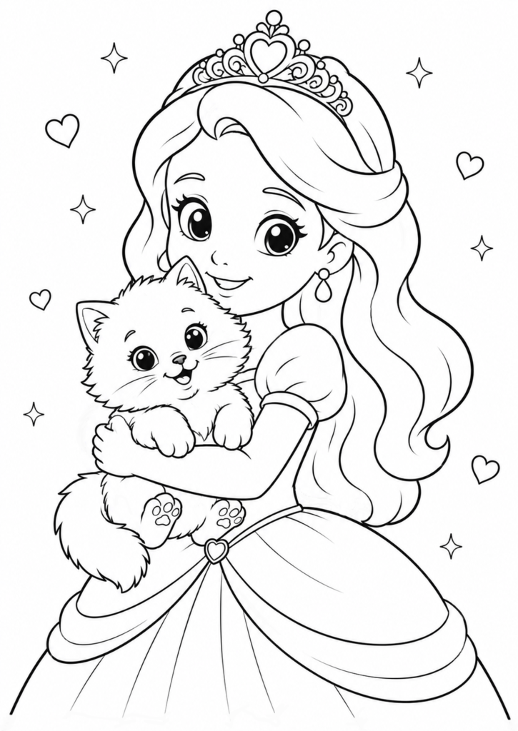 Cute princess holding a fluffy kitten coloring page