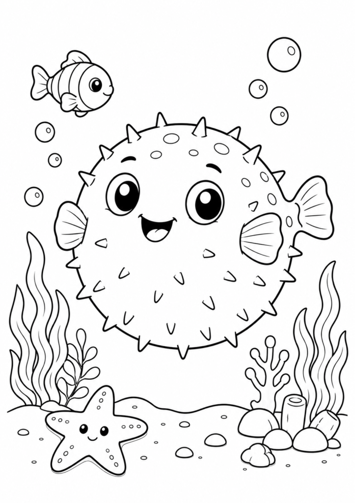 Cute pufferfish swimming underwater coloring page