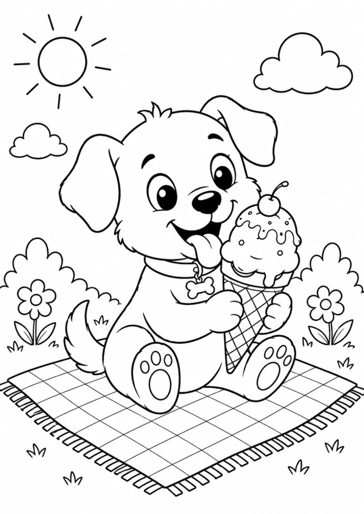 Cute puppy eating ice cream coloring page for kids