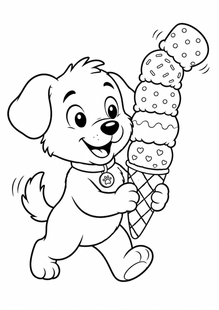 Cute puppy carrying a giant ice cream cone coloring page