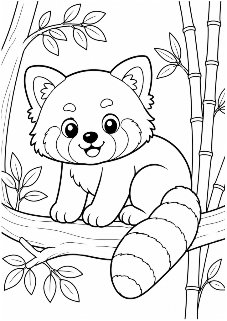Cute red panda coloring page sitting on a tree branch