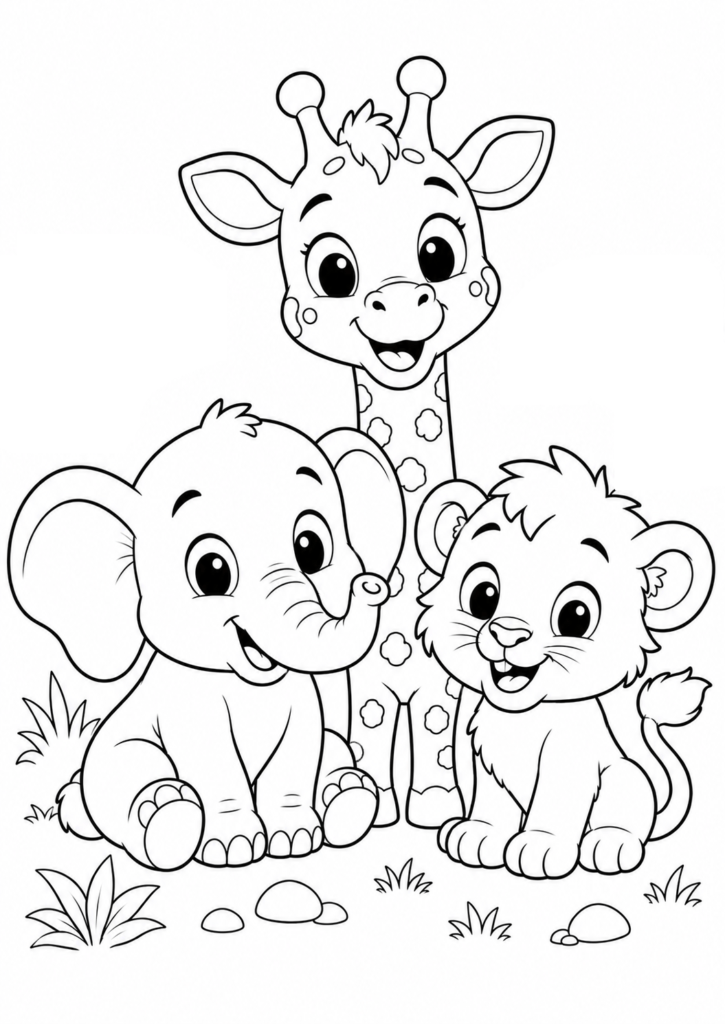 Cute safari animal family coloring page with elephant giraffe and lion cub