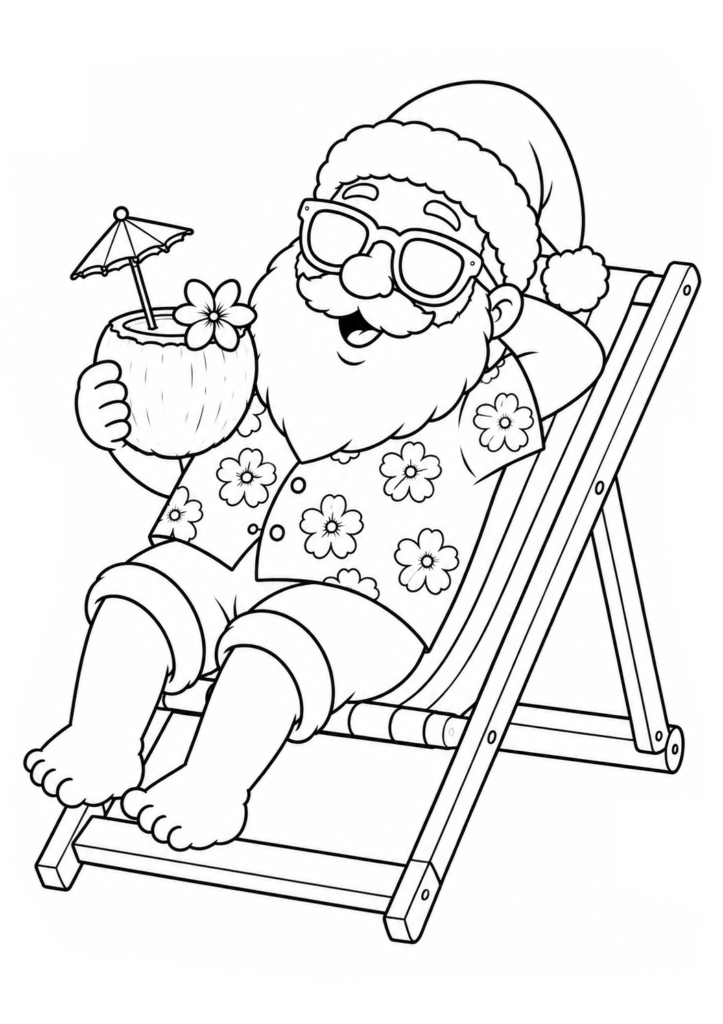 Santa on beach chair coloring page