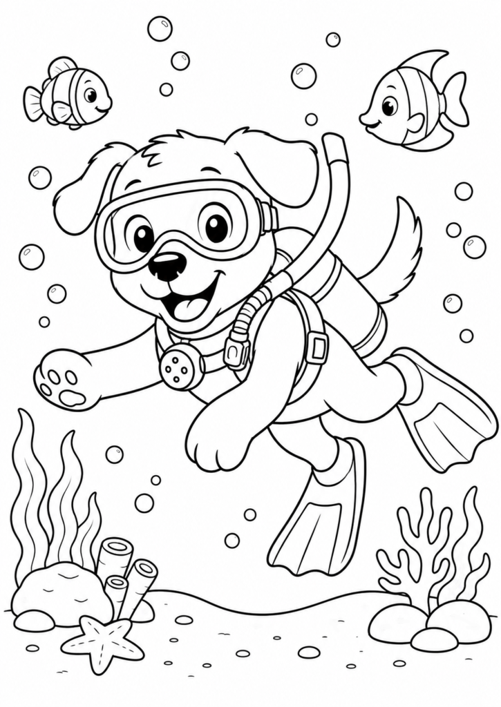 Cute scuba diving dog underwater coloring page