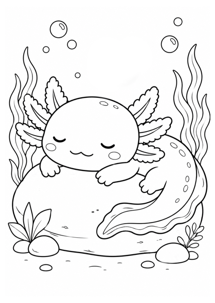 Sleeping axolotl coloring page for kids