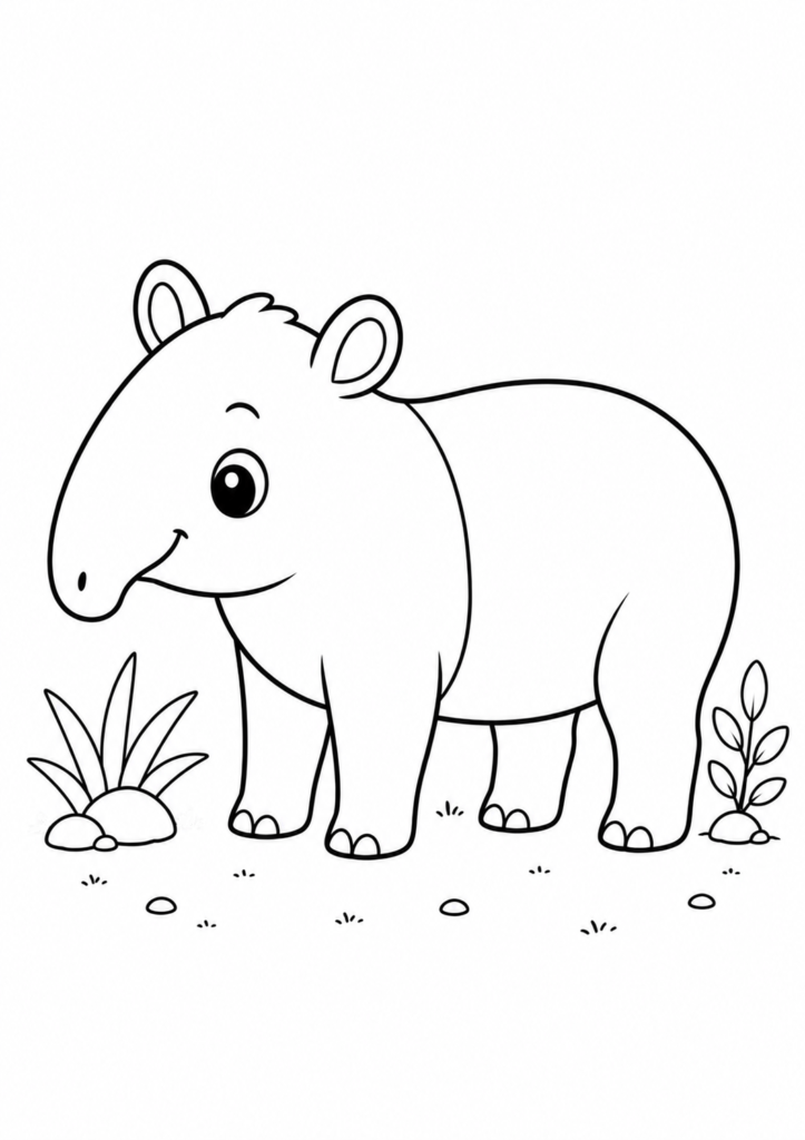 Cute tapir coloring page standing in a simple nature scene