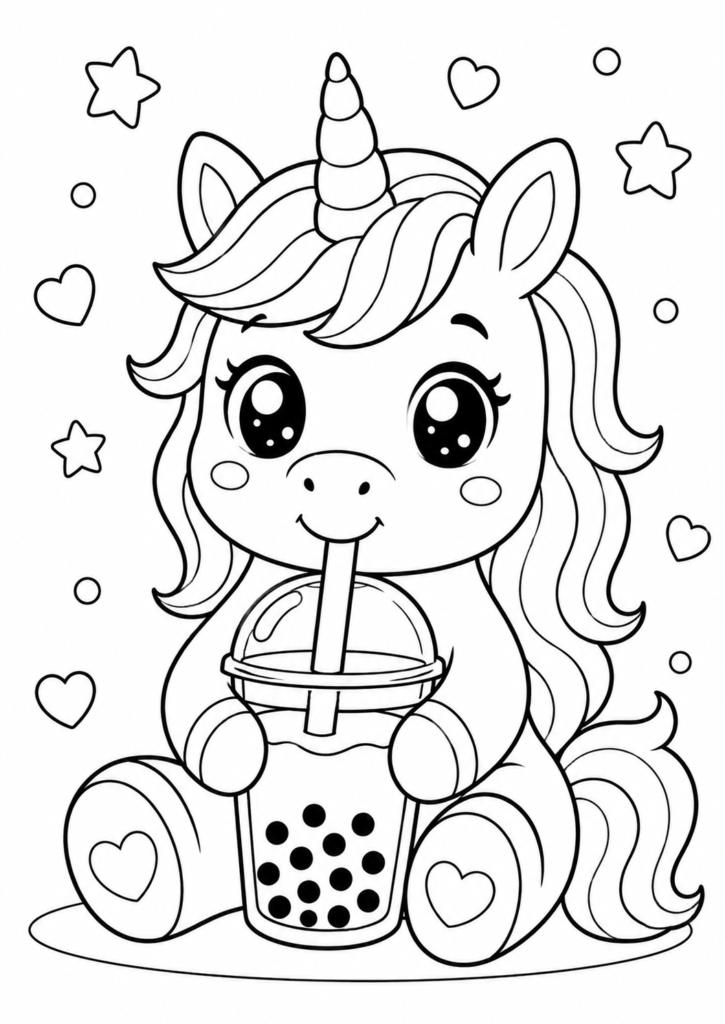 Unicorn drinking bubble tea coloring page for kids