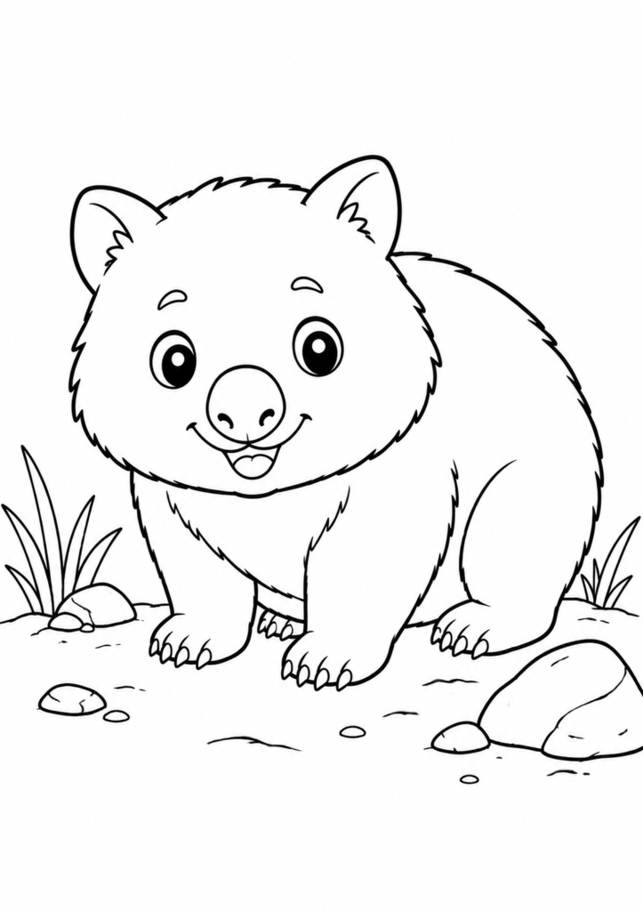 Cute wombat coloring page standing in the grass