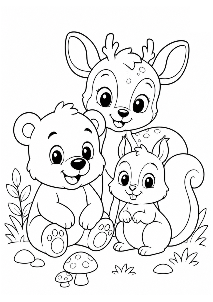 Cute woodland animal friends coloring page for kids