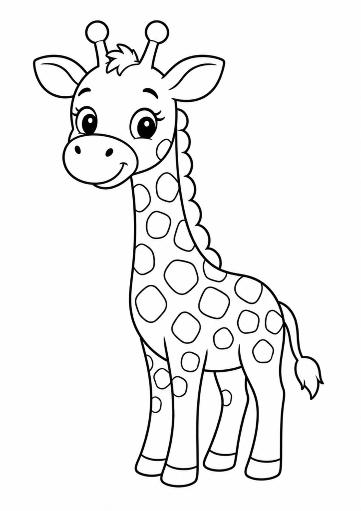 Friendly smiling giraffe standing on a white background printable coloring page for kids