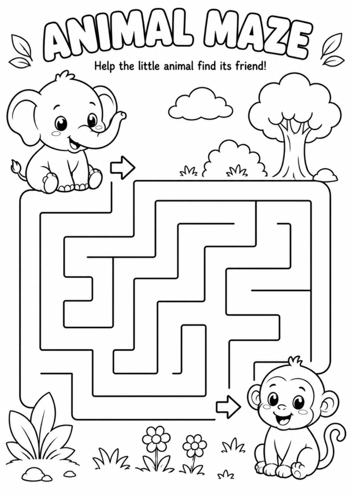 Cute animal maze printable featuring a baby elephant finding its monkey friend through an easy maze