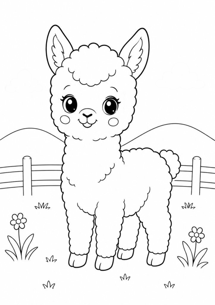 Cute baby alpaca standing in a peaceful meadow with flowers and rolling hills printable coloring page for kids