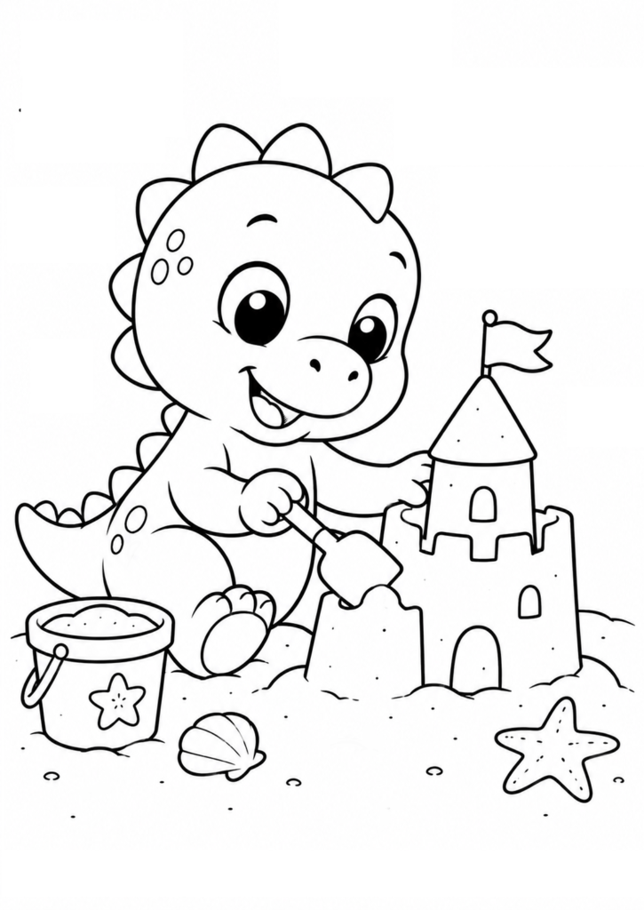 Cute baby dinosaur building a sandcastle with a bucket and shovel on the beach printable coloring page for kids