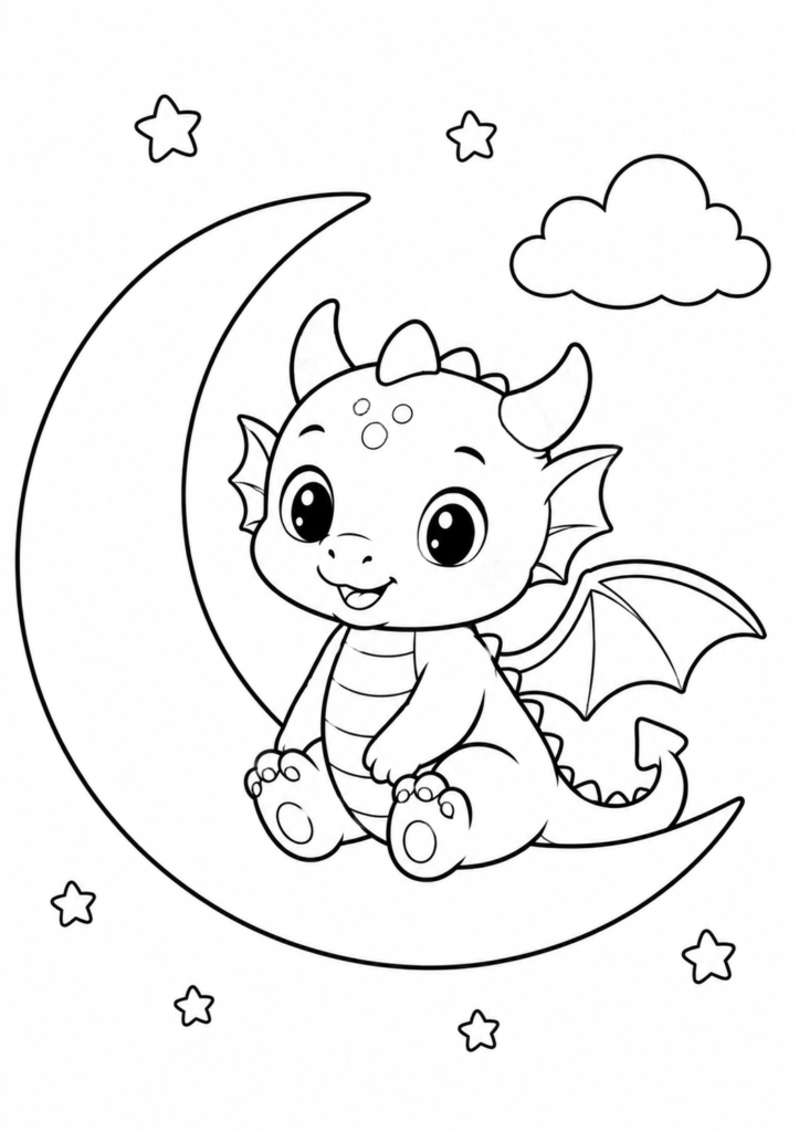 Cute baby dragon sitting on a crescent moon under a starry night sky printable coloring page for kids