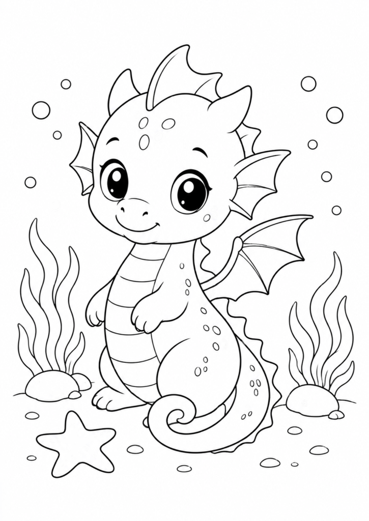 Cute baby sea dragon standing on the ocean floor with seaweed, bubbles, and a starfish printable coloring page for kids