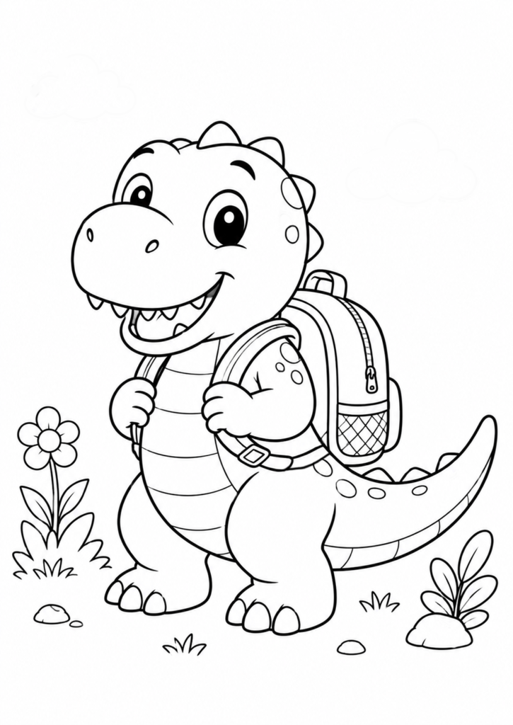 Cute baby T-Rex wearing a backpack ready for a fun adventure printable dinosaur coloring page for kids
