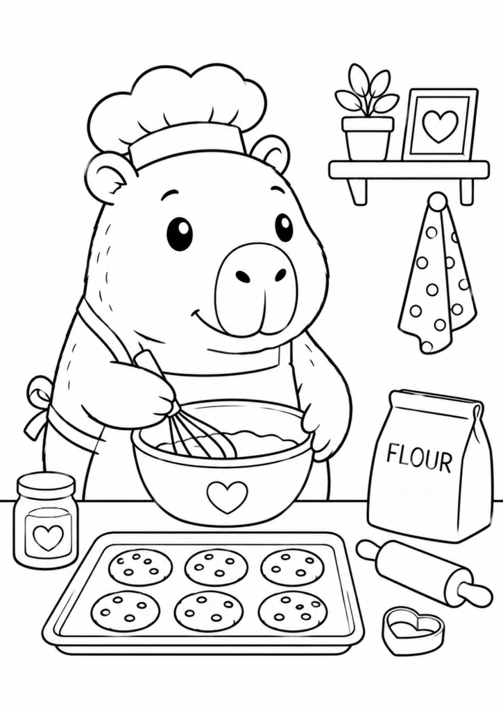 Cute capybara baking cookies in a kitchen with a mixing bowl coloring page