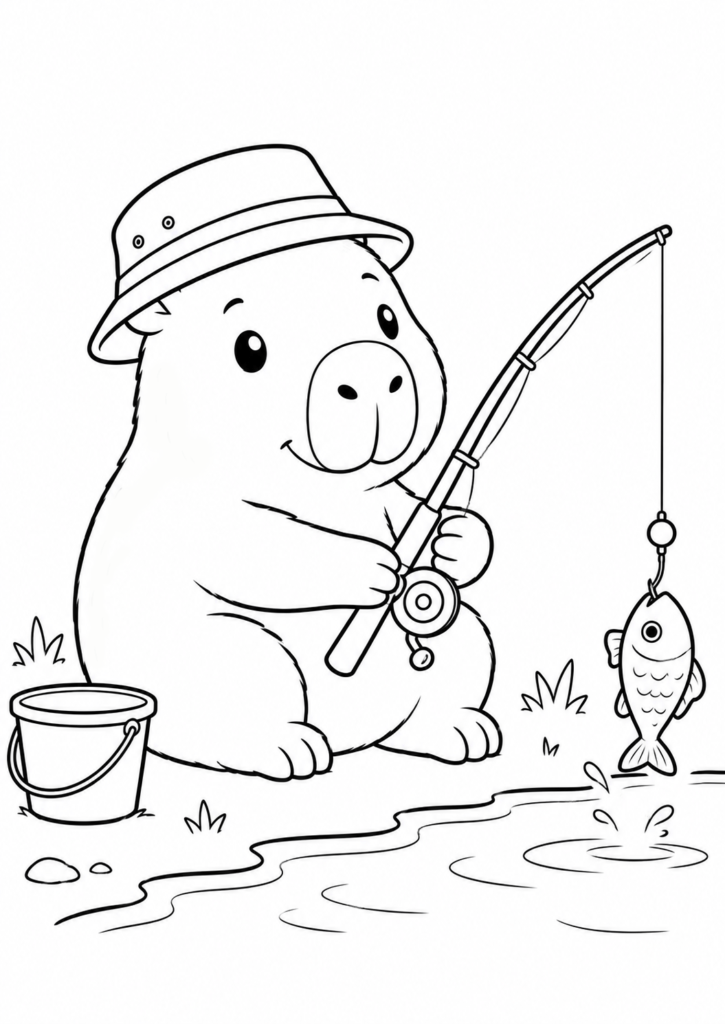 Cute capybara fishing by a peaceful lake with a fishing rod coloring page
