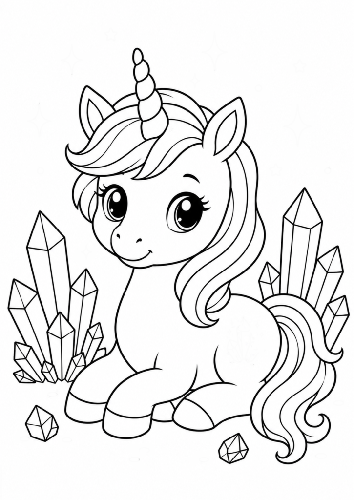 Cute unicorn surrounded by magical crystal formations and sparkling gems printable coloring page for kids