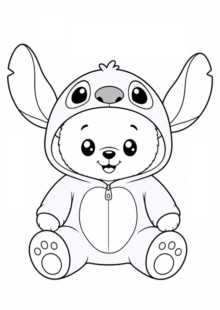Cute teddy bear wearing an adorable alien-inspired hooded onesie printable coloring page for kids