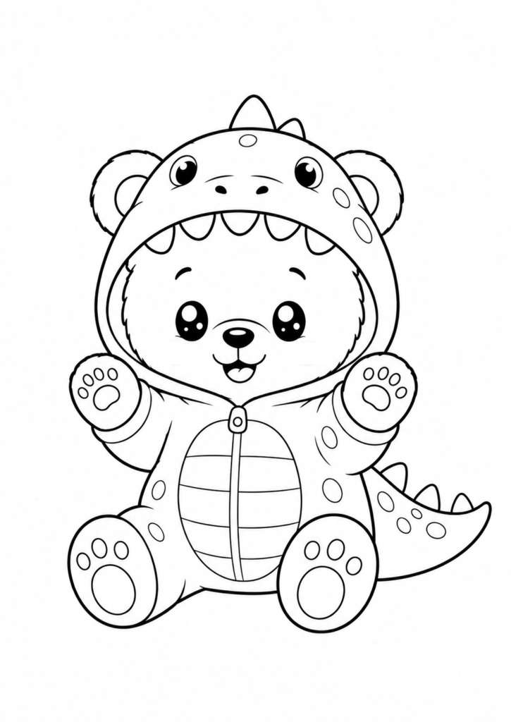 Cute teddy bear wearing an adorable dinosaur costume with a playful tail printable coloring page for kids