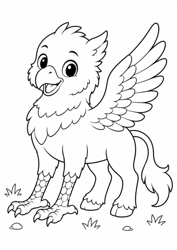 Cute baby hippogriff with large wings standing on the grass coloring page