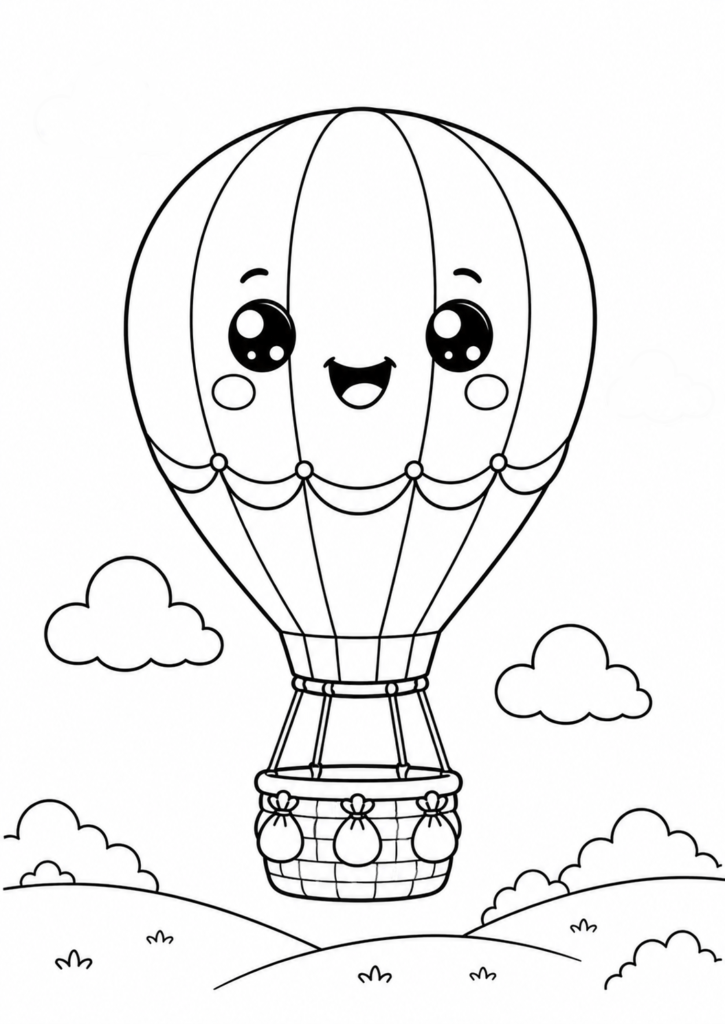 Cute smiling hot air balloon floating above rolling hills and fluffy clouds printable coloring page for kids