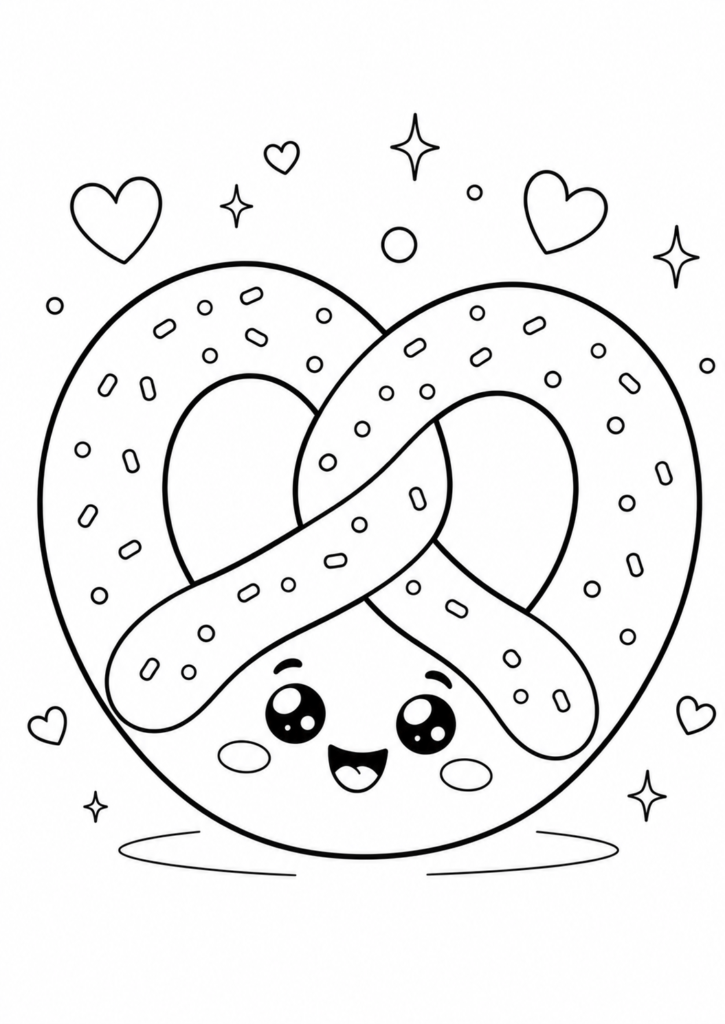 Cute smiling pretzel with crunchy salt topping printable kawaii food coloring page for kids