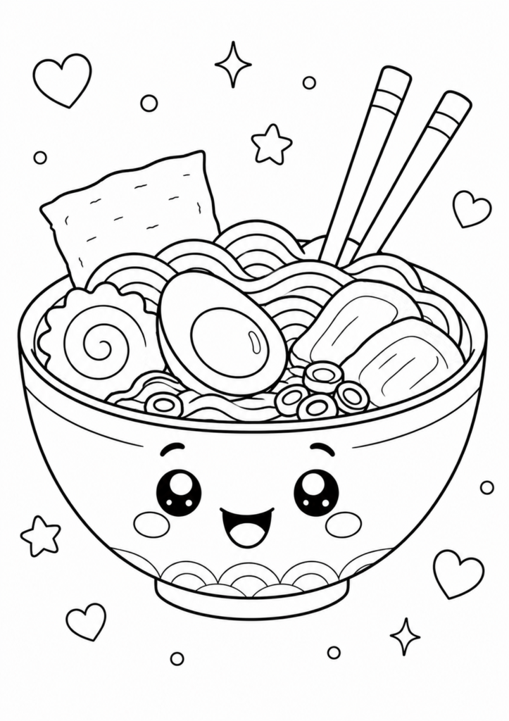 Cute smiling ramen bowl with noodles, egg, chopsticks, and tasty toppings printable kawaii food coloring page for kids