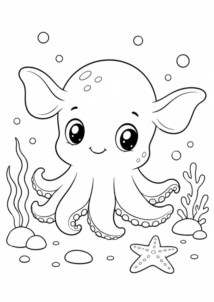 Cute Dumbo octopus swimming above the ocean floor with seaweed, bubbles, and a starfish printable coloring page for kids