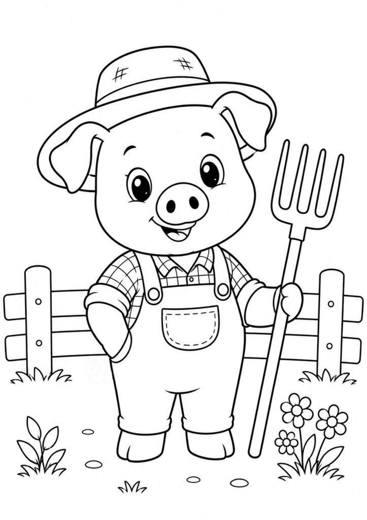 Cute farmer pig wearing overalls and a straw hat while holding a pitchfork on a peaceful farm printable coloring page for kids