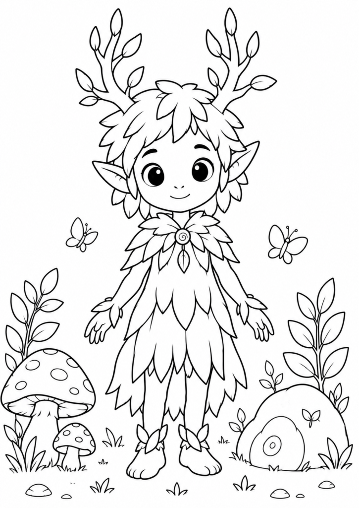 Cute forest spirit with leafy antlers standing beside mushrooms coloring page