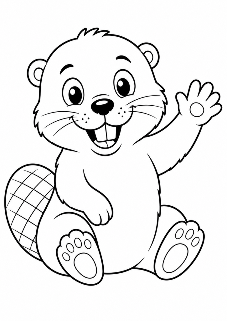 Friendly smiling beaver waving with a flat tail printable coloring page for kids