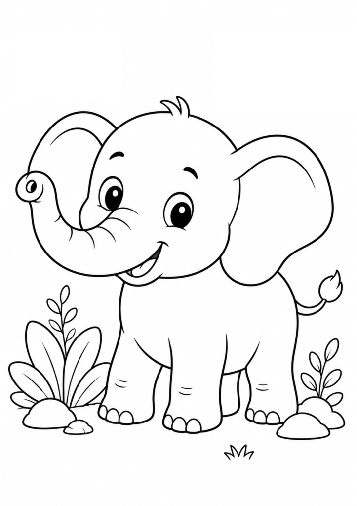 Friendly smiling baby elephant with big ears in a simple nature scene printable coloring page for kids