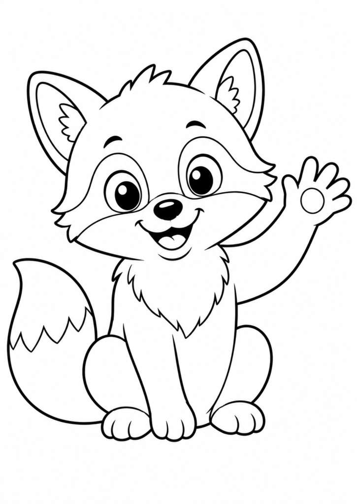 Friendly smiling fox with a fluffy tail printable coloring page for kids