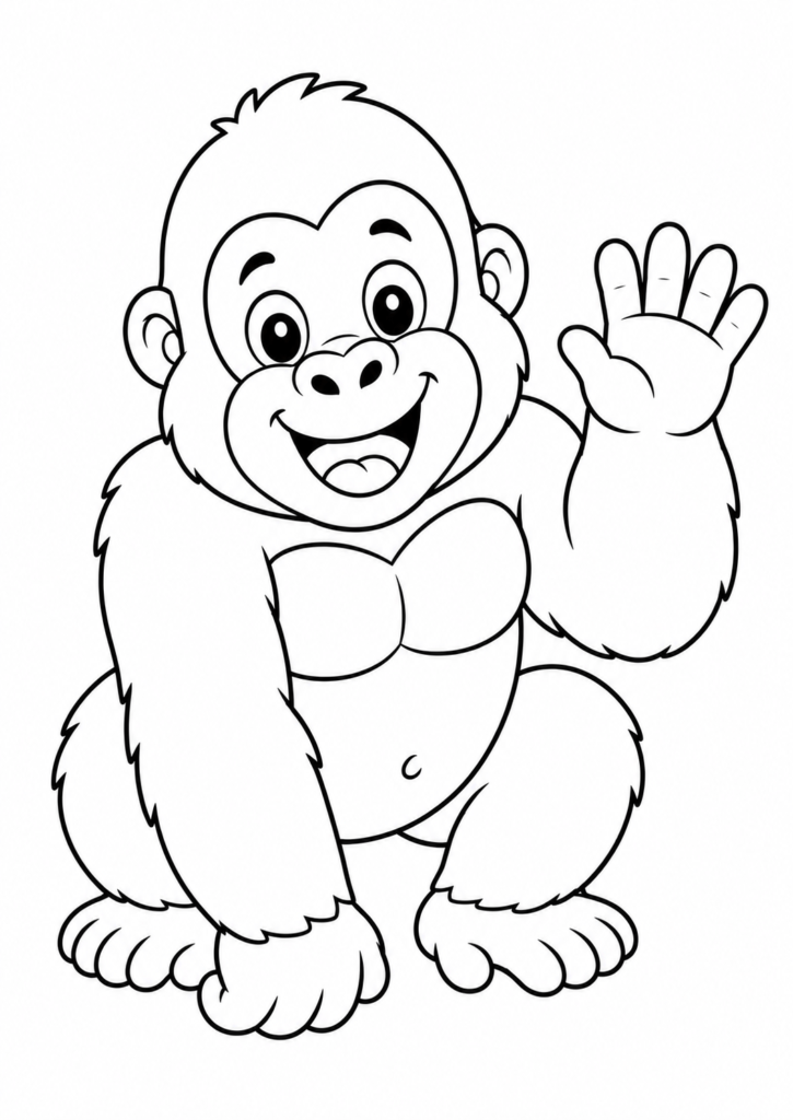 Friendly smiling gorilla waving on a white background printable coloring page for kids