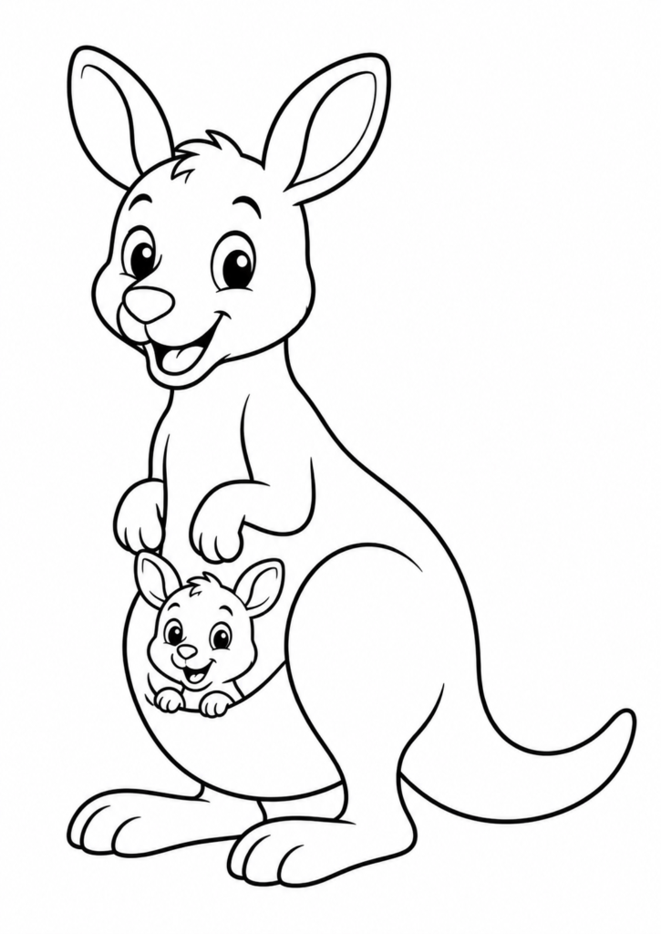 Friendly smiling kangaroo with a cute joey in its pouch printable coloring page for kids