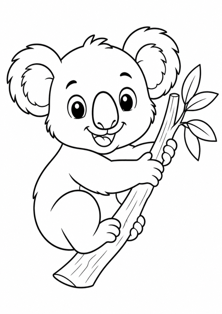 Friendly smiling koala hugging a eucalyptus branch printable coloring page for kids