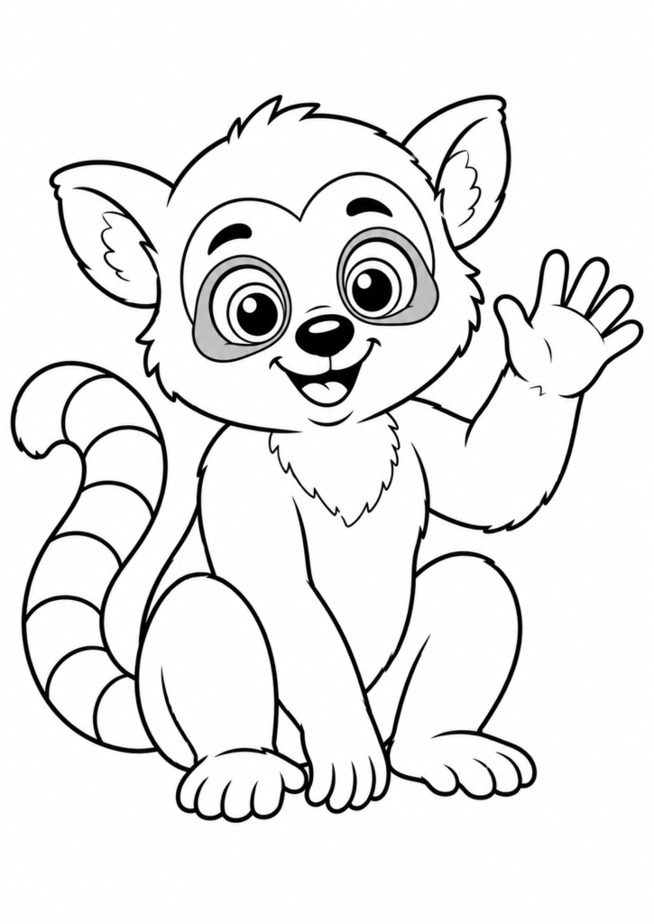 Friendly smiling lemur with a striped tail waving printable coloring page for kids