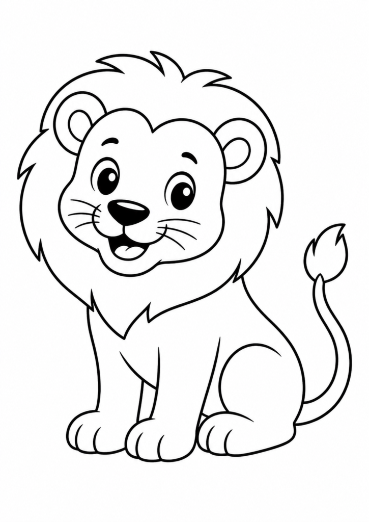 Friendly smiling lion sitting on a white background printable coloring page for kids