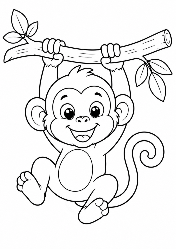 Friendly smiling monkey hanging from a tree branch printable coloring page for kids