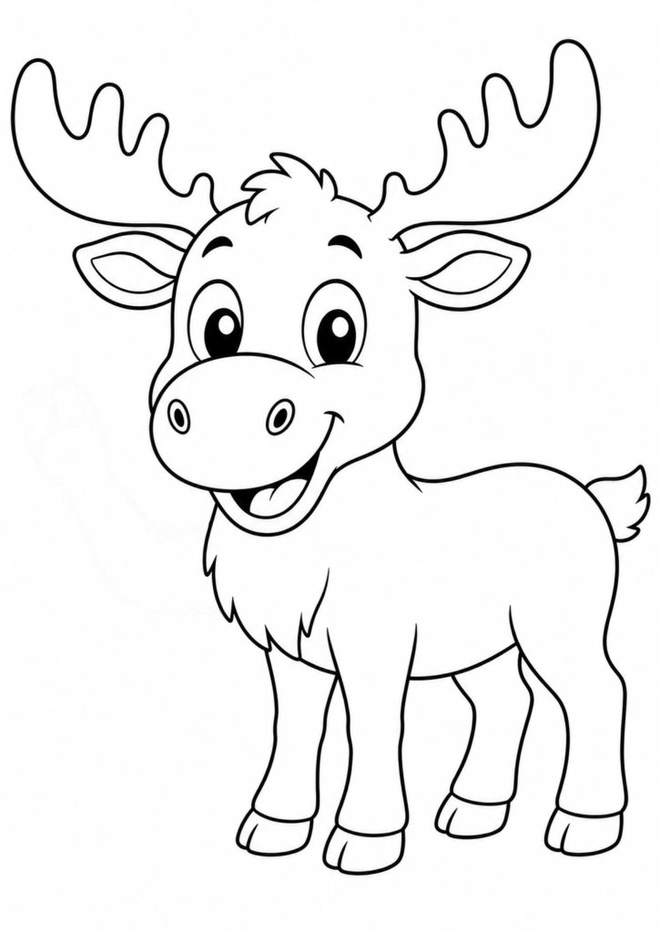 Friendly smiling moose with large antlers printable coloring page for kids